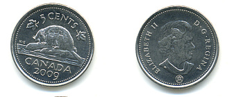 КАНАДА 5 ЦЕНТОВ 2009 БОБЕР KM 491 сталь плакированная никелем 177-1311