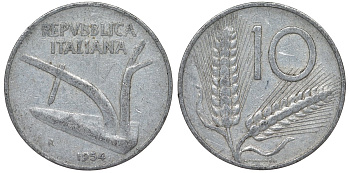 Италия 10 лир 1954 R, плуг, колосья KM 93 алюминий 4128-1235