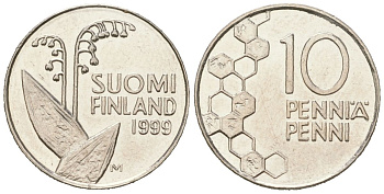 Финляндия 10 пенни 1999 M KM 65 медно-никель aUNC 96-549