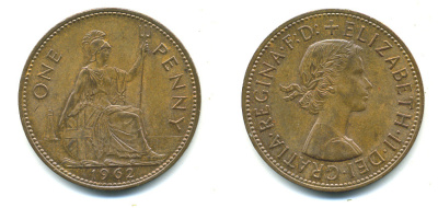 Великобритания 1 пенни 1962 Елизавета II (1952-2022) KM 897, Spink 4157 бронза 25-511