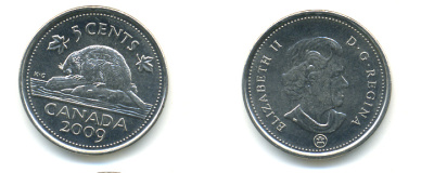 КАНАДА 5 ЦЕНТОВ 2009 БОБЕР KM 491 сталь плакированная никелем 177-1311