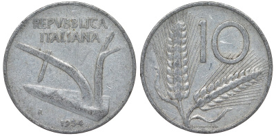 Италия 10 лир 1954 R, плуг, колосья KM 93 алюминий 4128-1235