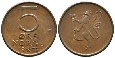 Норвегия 5 эре 1973 Улаф V (1958-1991) ​KM 415 бронза 3458-259