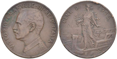 ИТАЛИЯ 5 ЧЕНТЕЗИМО 1915 R, МОНДВОР РИМ, ВИКТОР ЭММАНУИЛ III (1900-1946) KM 42 медь 4525-126
