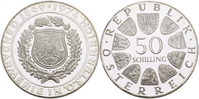 Австрия 50 шиллингов 1974 125 лет Австрийской полиции KM 2920 серебро PROOF 11-140-24