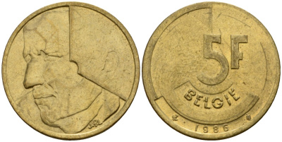 Бельгия 5 франков 1986 Belgie, Бодуэн I (1951-1993) KM 164 алюминиевая бронза 4601-241