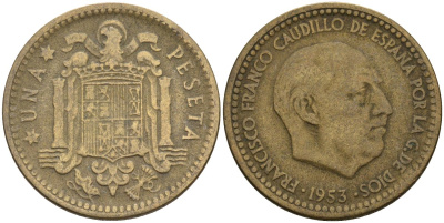 Испания 1 песета 1953 (?) Франсиско Франко (1939-1975) KM 775 алюминиевая бронза 4604-325
