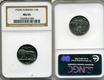 Албания 1/4 лек 1926 Ахмет Зогу I (1928-1939), в слабе NGC MS 65 KM 3 никель UNC 15-004-19