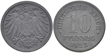 ГЕРМАНИЯ 10 ПФЕННИНГОВ 1922 KM 26, J.299, Weege 8 цинк 202-223