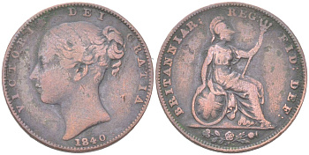 Великобритания 1 фартинг 1840 Виктория (1837-1901) KM 725, Spink 3950 медь 4613-368