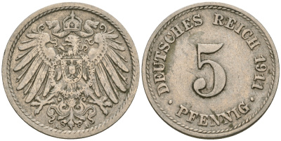Германия 5 пфеннигов 1911 A KM 11, J. 12, Weege 6 медно-никель 4608-946