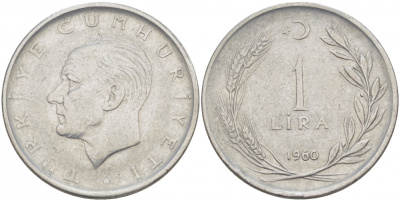 Турция 1 лира 1960 Мустафа Кемаль Ататюрк KM 889а.1 нержавеющая сталь 4529-1247