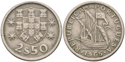 Португалия 2,5 эскудо 1965 парусник KM 590 медно-никель 4152-612