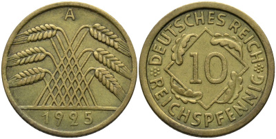 Германия 10 рейхспфеннигов 1925 A KM 40 алюминиевая бронза 4171-327