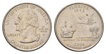 США 25 центов (квотер, 1/4 доллара) 2004 P, Квотер штата Флорида KM 356 медь плакированный медно-никелем UNC 4628-1252