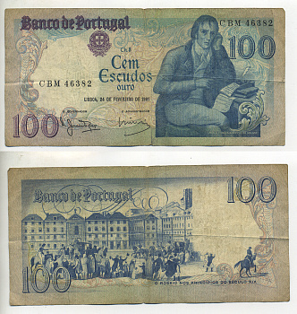 ПОРТУГАЛИЯ 100 ЭСКУДО 1981 24 ФЕВРАЛЯ 1981, МАНУЭЛЬ МАРИЯ БАРБОЗА ДУ БОГАЖЕ ПОРТУГАЛЬСКИЙ ПОЭТ, 19 ВЕК ПЛОЩАДЬ РОССИО В ЛИССАБОНЕ Pick 178b бумага 7552-47-1