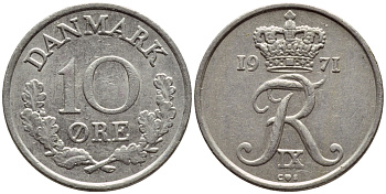 ДАНИЯ 10 ЭРЕ 1971 C; S, ФРЕДЕРИК IX (1947-1972) KM 849.1 медно-никель 4398-926