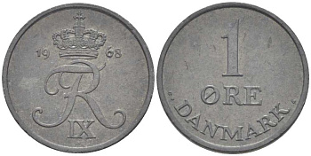 Дания 1 эре 1968 С; S, Фредерик IX (1947-1972) KM 839.2 цинк 4387-613
