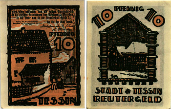 ТЕССИН 10 ПФЕННИГОВ 1922 НОТГЕЛЬД, ИЮНЬ 1922 - 31 МАЯ 1922, ЗЕМЛЯ МЕКЛЕНБУРГ-ПЕРЕДНЯЯ ПОМЕРАНИЯ Grabowski 1315.1 бумага 7547-93-2-1