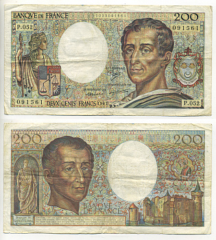 ФРАНЦИЯ 200 ФРАНКОВ 1987 ШАРЛЬ ЛУИ де МОНТЕСКЬЁ Pick 155b бумага 7552-7-1