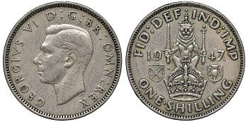 Великобритания 1 шиллинг 1947 Георг VI (1936-1952), Шотландский герб KM 864, Spink 4104 медно-никель 4122-531