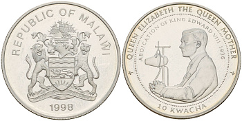 Малави 10 квача 1998 серия королева Елизавета - королева мать, Эдуард VIII речь об отречении KM нет серебро PROOF 1099-3-42