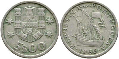Португалия 5 эскудо 1966 парусник KM 591 медно-никель 4388-457