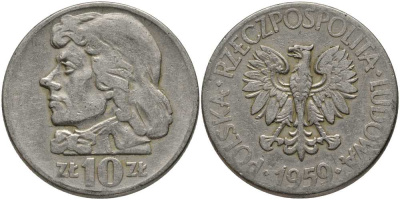 Польша 10 злотых 1959 MW, Тадеуш Костюшко, первый год KM 50 медно-никель 180-146