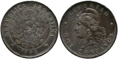 Аргентина 2 сентаво 1894 голова свободы влево KM 8 бронза 4531-1146