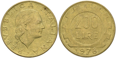 Италия 200 лир 1978 R, шестерня KM 105 алюминиевая бронза 4171-951