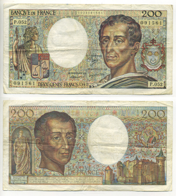 ФРАНЦИЯ 200 ФРАНКОВ 1987 ШАРЛЬ ЛУИ де МОНТЕСКЬЁ Pick 155b бумага 7552-7-1