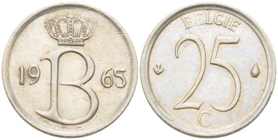 Бельгия 25 сантимов 1965 Belgie, Бодуэн I (1951-1993) KM 154.1 медно-никель 214-142