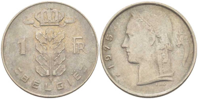 Бельгия 1 франк 1975 Belgie, Бодуэн I (1951-1993) KM 143.1 медно-никель 213-347