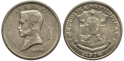 Филиппины 1 писо 1974 Хосе Рицаль KM 203 медь никель цинк 118-1113