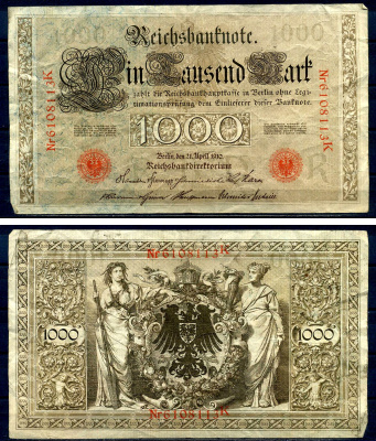 Германия 1000 марок 1910 21 апреля 1910, красная печать, номер семизначный Pick 44 b 2 бумага 7552-71-2-1