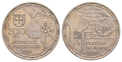 Португалия 200 эскудо 1994 500 лет разделению зон влияния между Португалией и Испанией KM 672 медно-никель UNC 1101-4-64