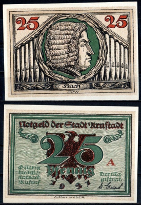 Арнштадт (Тюрингия) 25 пфеннигов 1921 Mehl Grabowski 43.2-1/6 бумага UNC (пресс) 7556-25-2-1