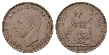 Великобритания 1 пенни 1944 Георг VI (1936-1952) KM 845, Spink 4114 бронза 4536-944