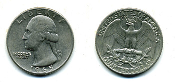 США 25 центов (квотер) 1965 Вашингтон KM 164а медь плакированная медно-никелем 46-1825