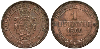 САКСОНИЯ 1 ПФЕННИГ 1866 В KM 1216 медь 75-1127