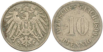 ГЕРМАНИЯ 10 ПФЕННИГОВ 1899 G KM 12, J. 13 медно-никель 4401-1121