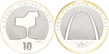 Финляндия 10 евро 2010 Элиэль Сааринен, архитектор KM 151 серебро  PROOF 11-266-31