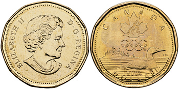 Канада 1 доллар 2004 XXVIII летние Олимпийские игры 2004 года в Афинах, красноклювая гагара KM 513 никель плакированый бронзой UNC M45-13