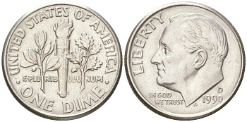 США 10 центов (дайм) 1990 D, Рузвельт KM 195a медь плакированная медно-никелем UNC 4611-211