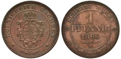 САКСОНИЯ 1 ПФЕННИГ 1866 В KM 1216 медь 75-1127