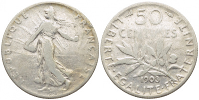 ФРАНЦИЯ 50 САНТИМОВ 1903 KM 854 серебро 116-558