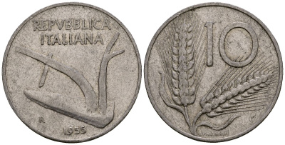 Италия 10 лир 1955 KM 93 алюминий 4138-545