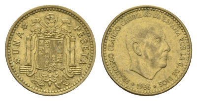 Испания 1 песета 1966 (74) Франсиско Франко (1939-1975) KM 796 алюминиевая бронза 4708-421