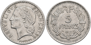 ФРАНЦИЯ 5 ФРАНКОВ 1947 OPEN 9 KM 888b.1 алюминий 4590-525