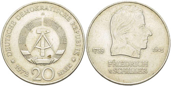 ГДР 20 марок 1972 А, Фридрих Шиллер (1759-1805) KM 40 медно-никель 4521-632